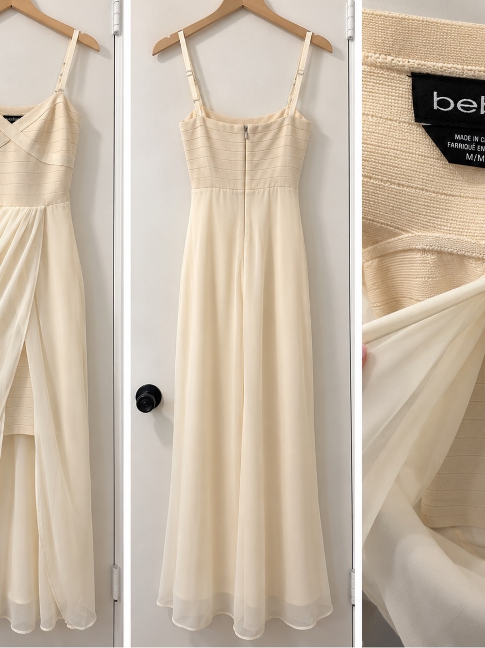 bebe Cream Maxi Spaghetti-Strap Evening Dress